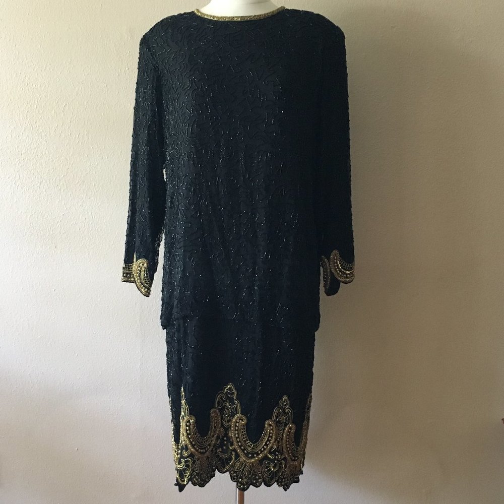 Vintage Gold and Black Beaded Dress Long Sleeve